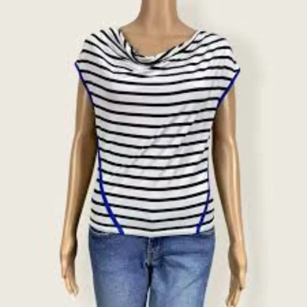 Express Black White Blue Striped Draped Neck Dolman Sleeve‎ Blouse Shirt Top Med
